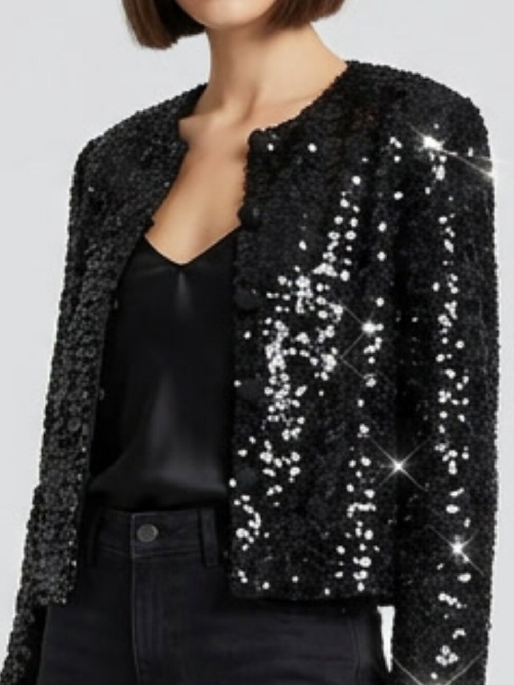 Vintage 80s Maximalist Colarless Cropped Back Sequin Jacket Size 8
